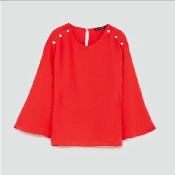 Zara Red Flutter Sleeve Pearl Shoulder Blouse XS - Picture 2 of 8